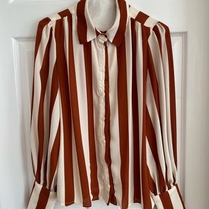 Rust and cream broad striped button up blouse - Eva Mendes